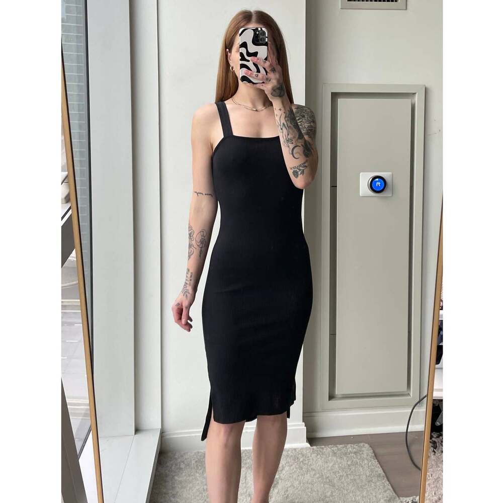 Black Square Neck Ribbed Knit Midi Strappy Bodycon Tank Dress - Size S - NWT